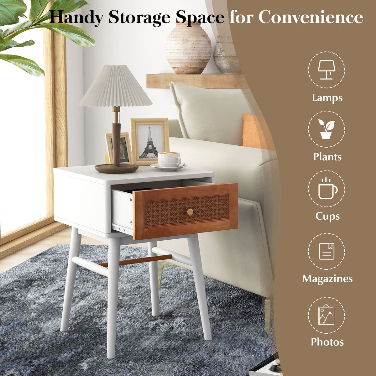 1-Drawer Modern Bedside Table with Solid Wood Legs-White-Nightstands-DECOROLALA