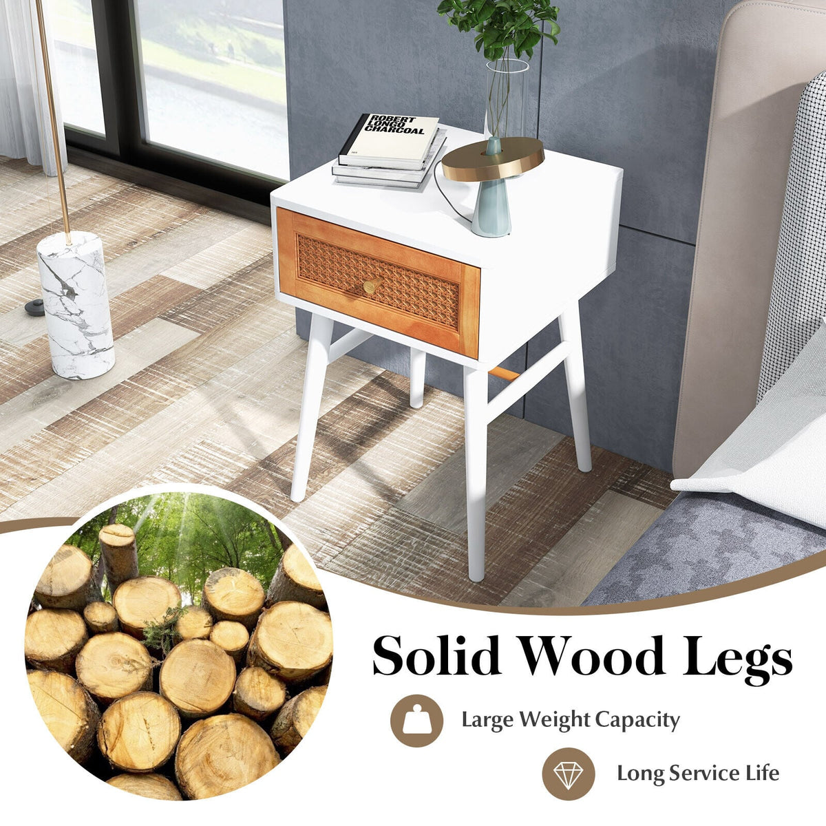 1-Drawer Modern Bedside Table with Solid Wood Legs-White-Nightstands-DECOROLALA