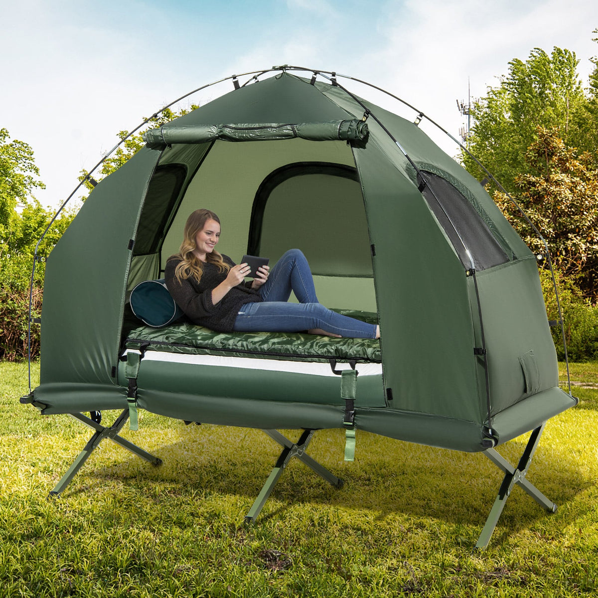 1-Person Folding Camping Tent with Sunshade and Air Mattress-Tents-DECOROLALA