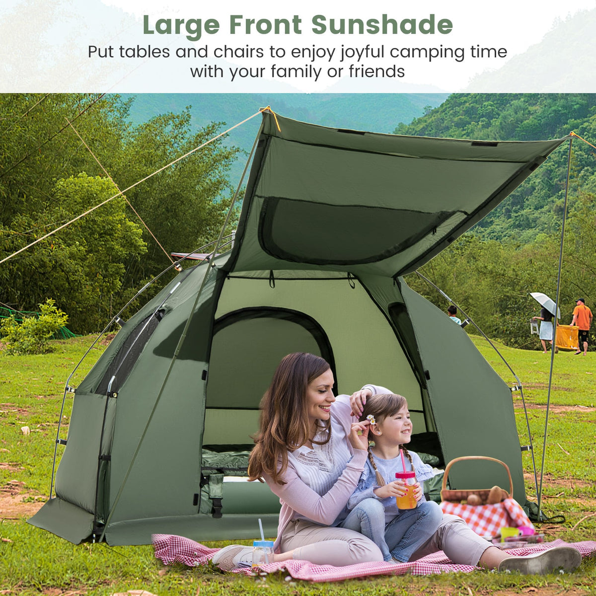 1-Person Folding Camping Tent with Sunshade and Air Mattress-Tents-DECOROLALA