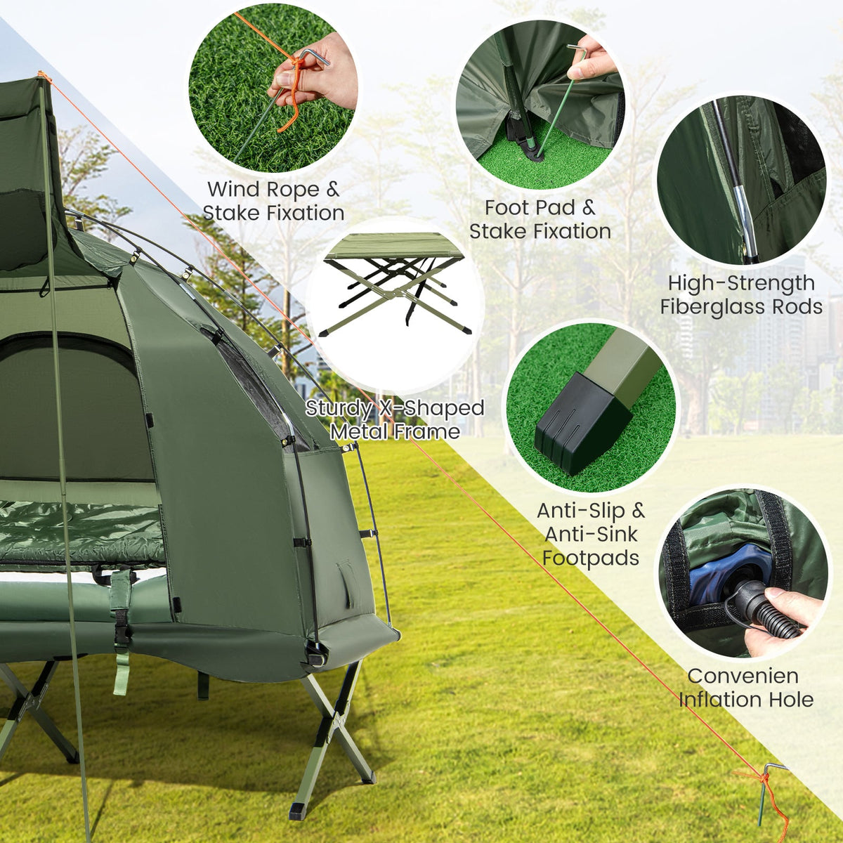 1-Person Folding Camping Tent with Sunshade and Air Mattress-Tents-DECOROLALA