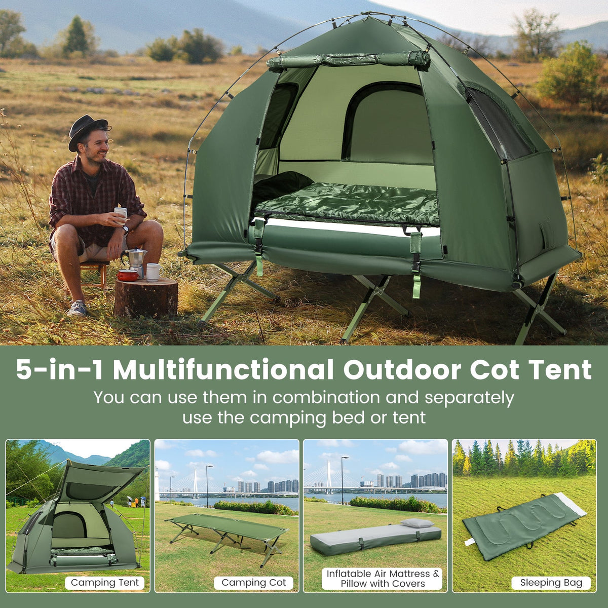 1-Person Folding Camping Tent with Sunshade and Air Mattress-Tents-DECOROLALA