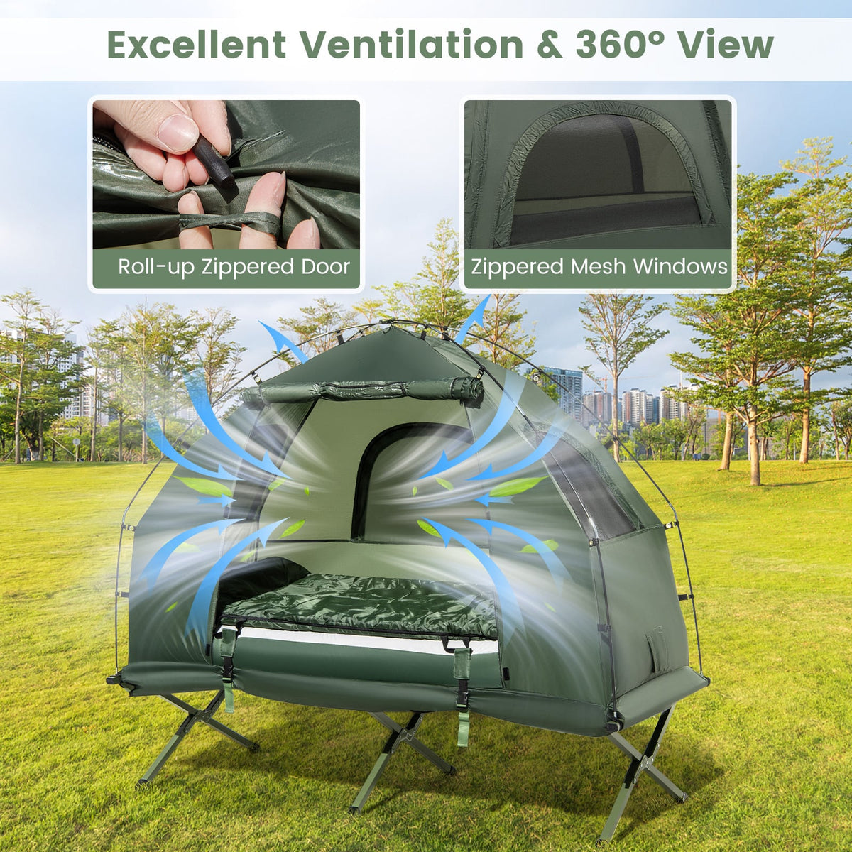 1-Person Folding Camping Tent with Sunshade and Air Mattress-Tents-DECOROLALA