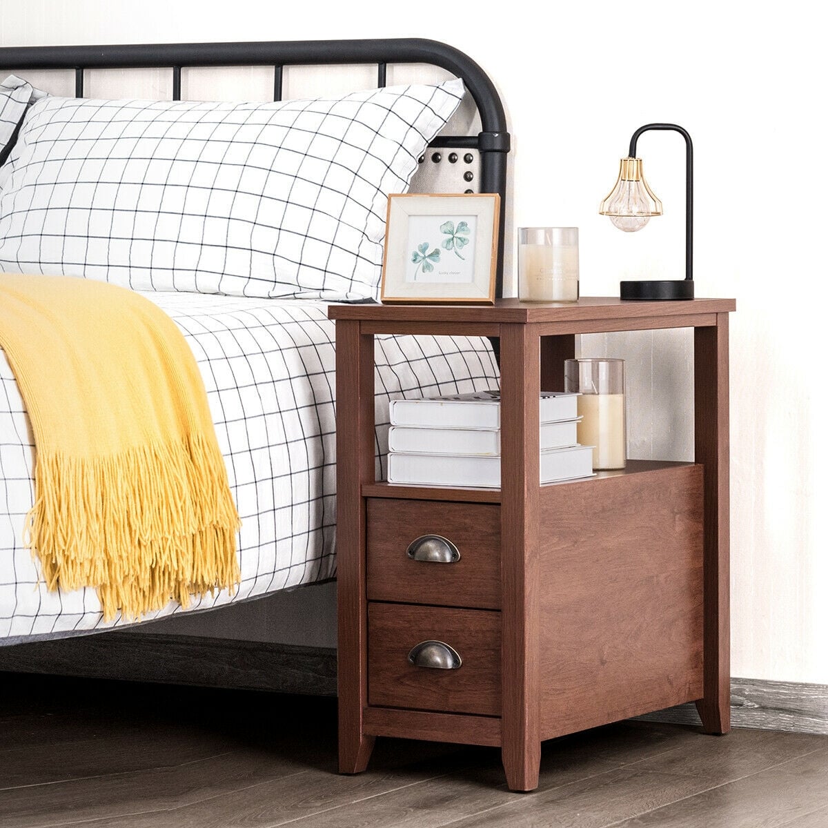 1 Piece End Table Wooden with 2 Drawers and Shelf Bedside Table-Brown-Nightstands-DECOROLALA