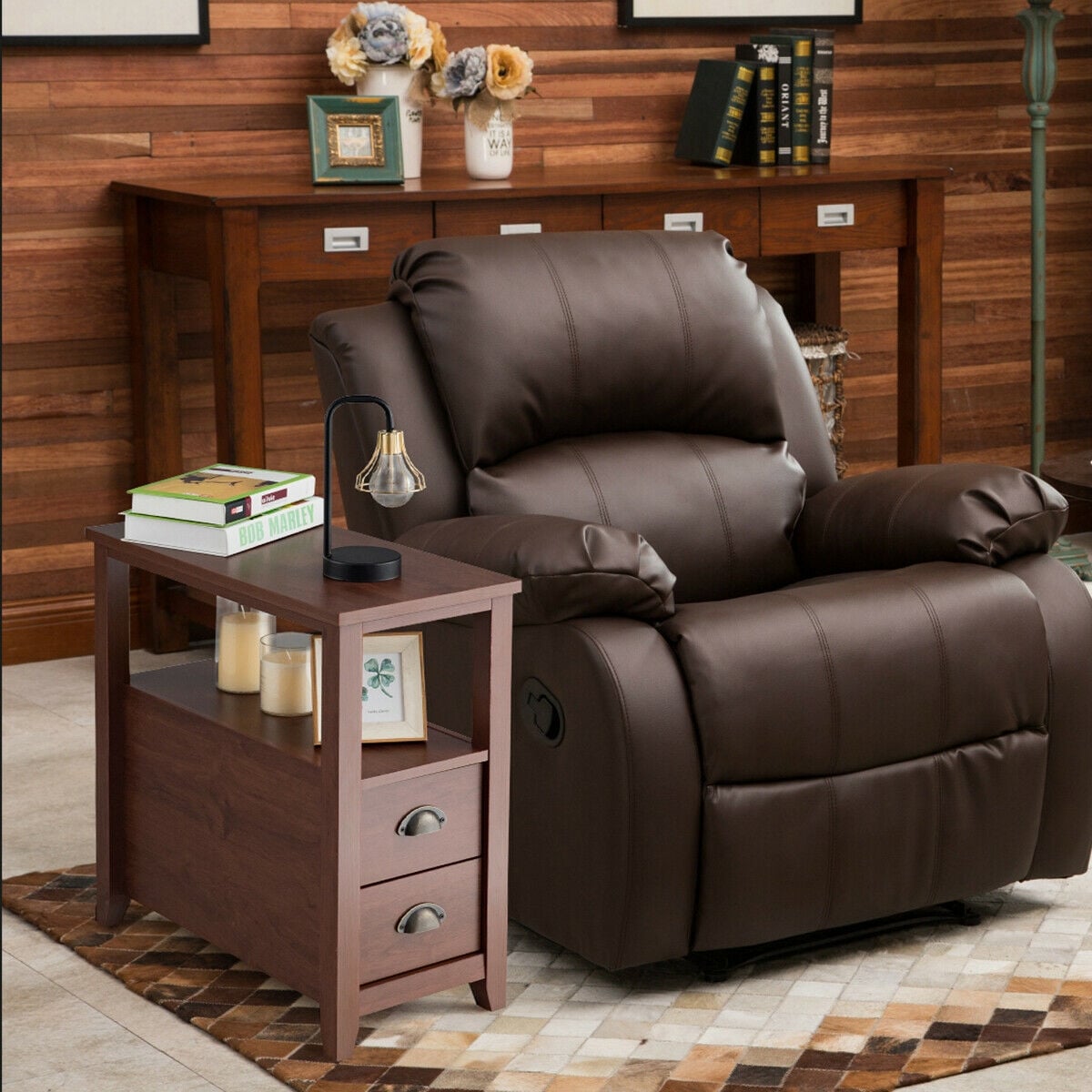 1 Piece End Table Wooden with 2 Drawers and Shelf Bedside Table-Brown-Nightstands-DECOROLALA