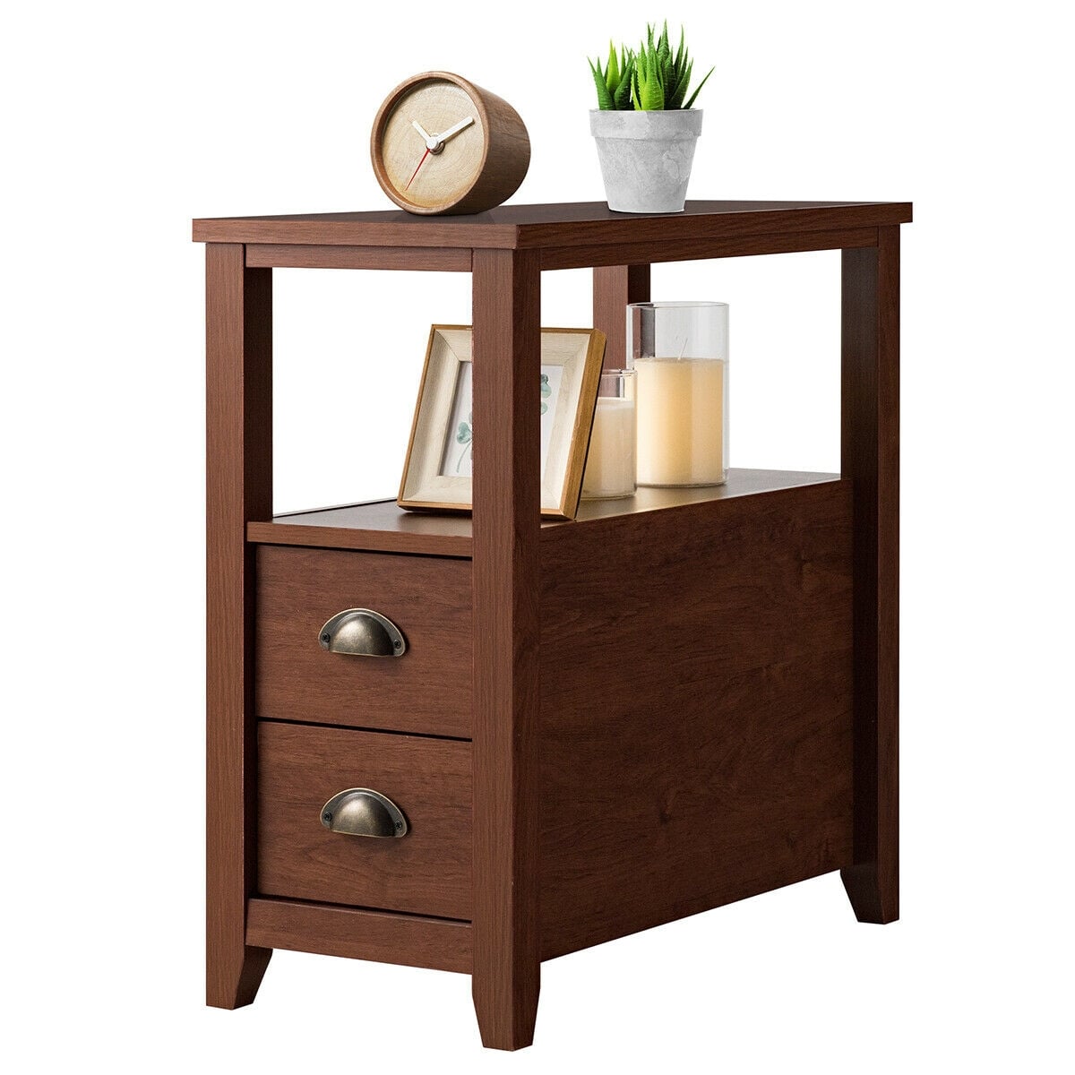 1 Piece End Table Wooden with 2 Drawers and Shelf Bedside Table-Brown-Nightstands-DECOROLALA