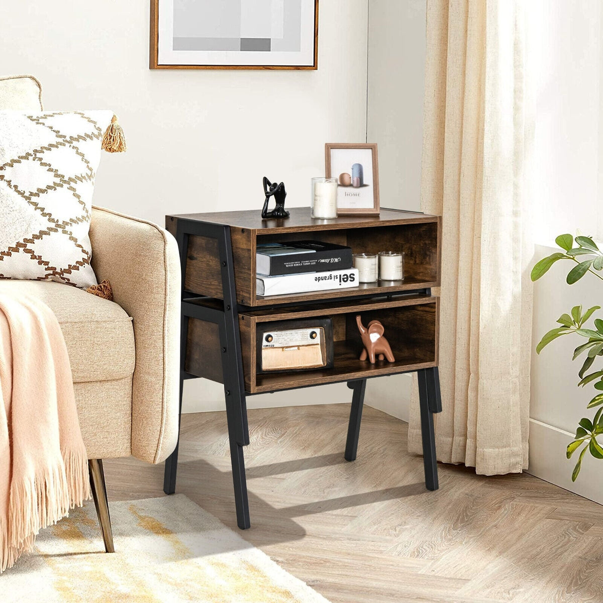 1 Piece Stackable Night Stand Shelf Accent Table with Metal Frame-Nightstands-DECOROLALA