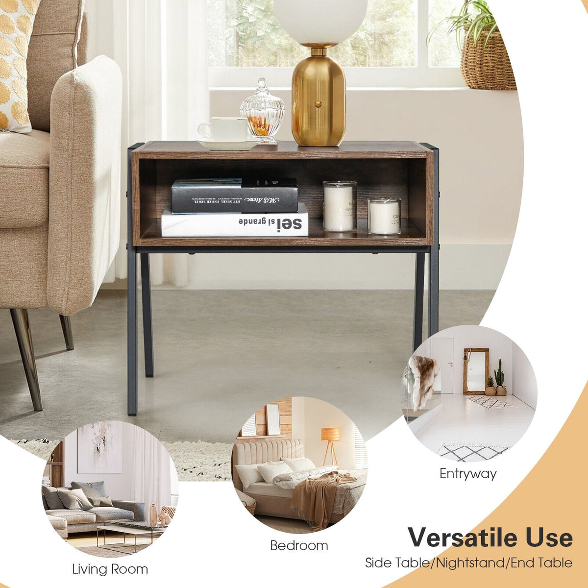 1 Piece Stackable Night Stand Shelf Accent Table with Metal Frame-Nightstands-DECOROLALA