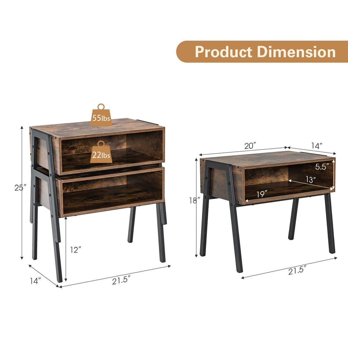 1 Piece Stackable Night Stand Shelf Accent Table with Metal Frame-Nightstands-DECOROLALA