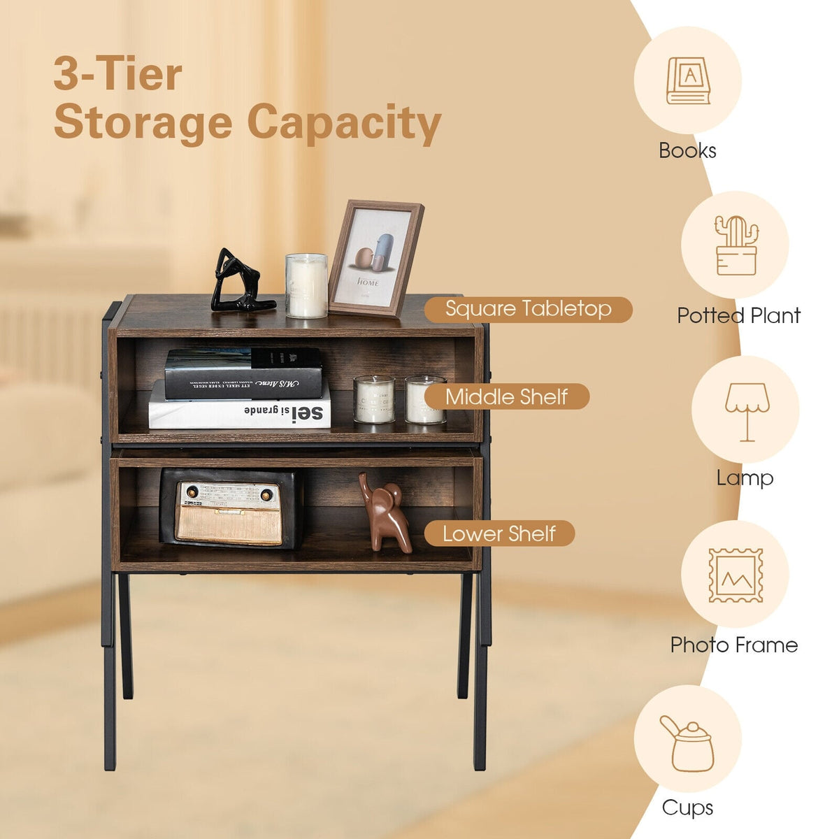 1 Piece Stackable Night Stand Shelf Accent Table with Metal Frame-Nightstands-DECOROLALA