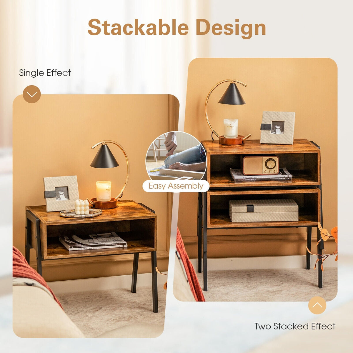 1 Piece Stackable Night Stand Shelf Accent Table with Metal Frame-Nightstands-DECOROLALA