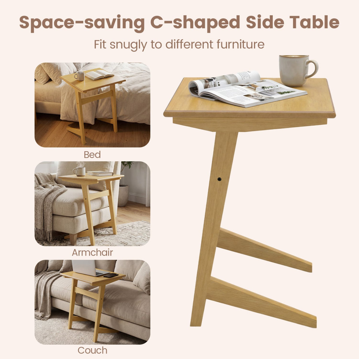 1 Piece Wood Sofa Side Table C-shaped End Table with Wood Veneered Top-End & Side Tables-DECOROLALA