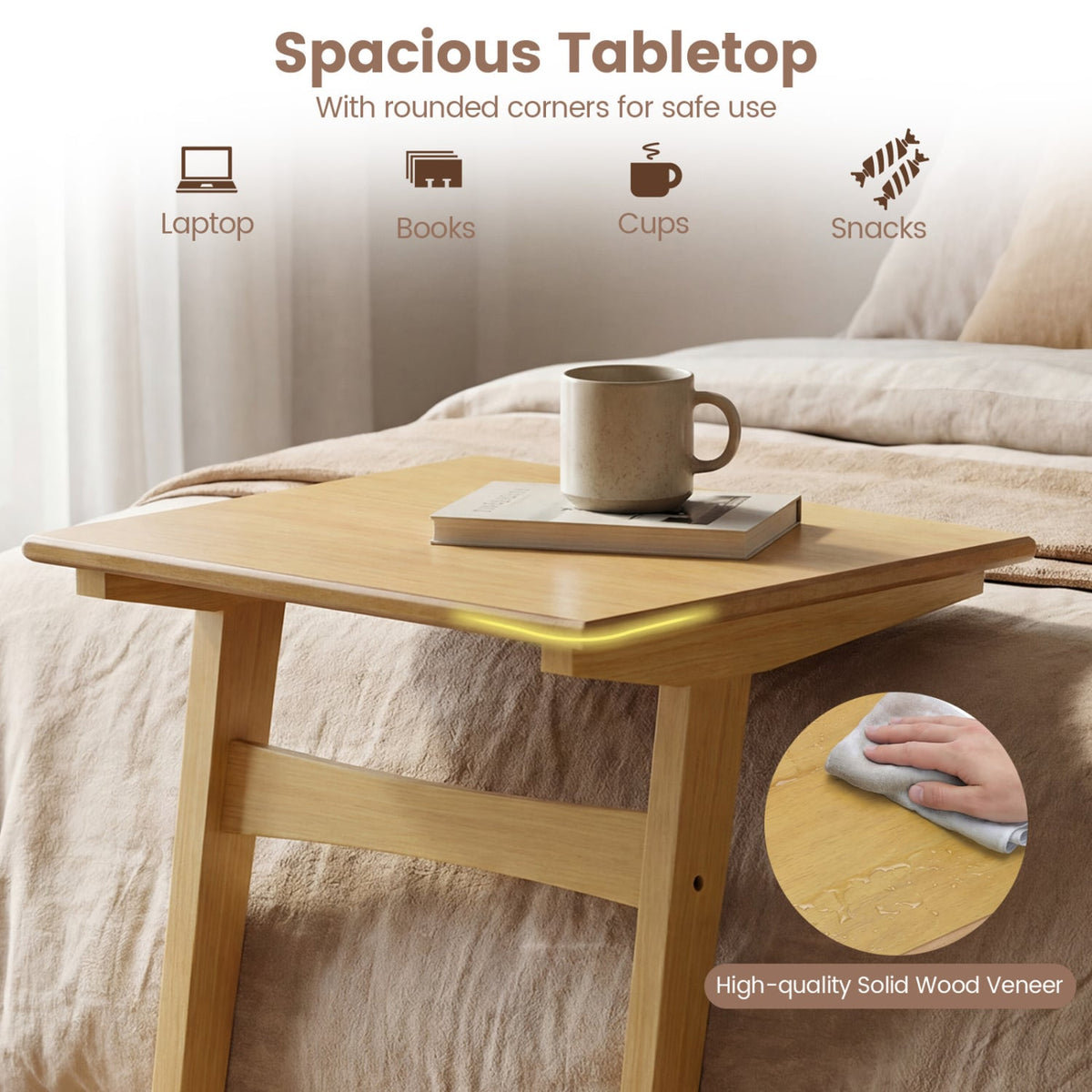 1 Piece Wood Sofa Side Table C-shaped End Table with Wood Veneered Top-End & Side Tables-DECOROLALA