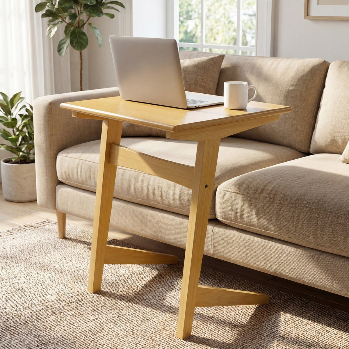 1 Piece Wood Sofa Side Table C-shaped End Table with Wood Veneered Top-End & Side Tables-DECOROLALA