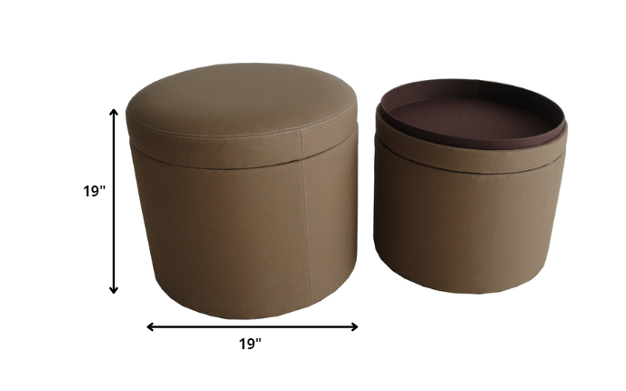 1" Tan Faux Leather Round Storage-Ottomans-DECOROLALA