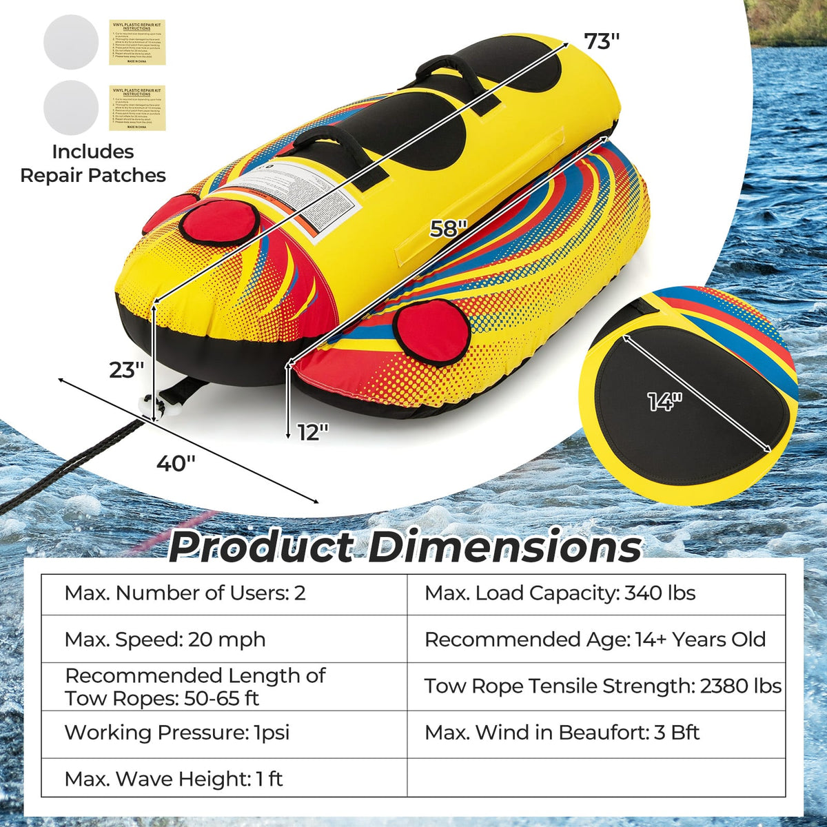 1 or 2 Person Inflatable Towable Tube Banana Boat for Boating-Water Sports-DECOROLALA
