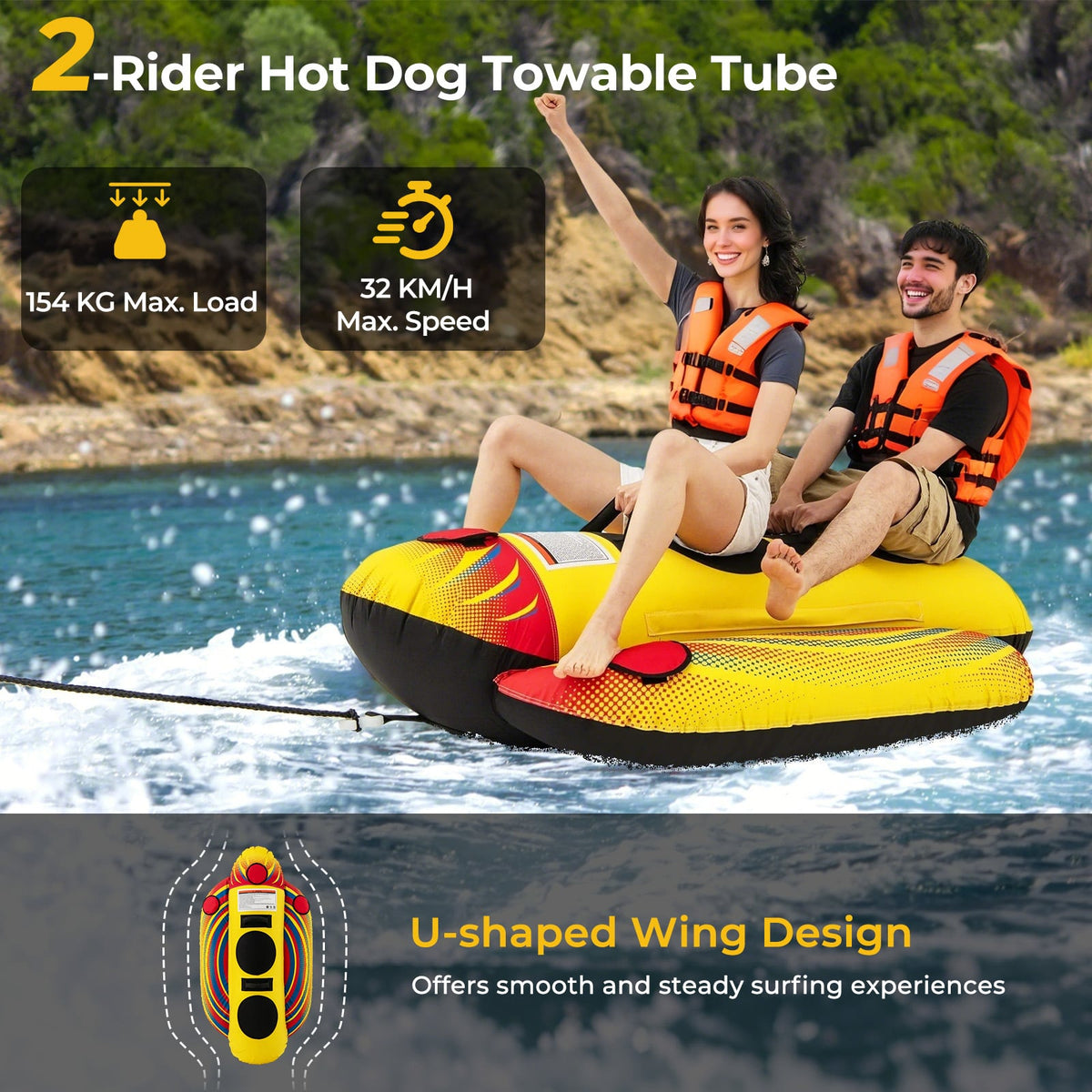 1 or 2 Person Inflatable Towable Tube Banana Boat for Boating-Water Sports-DECOROLALA