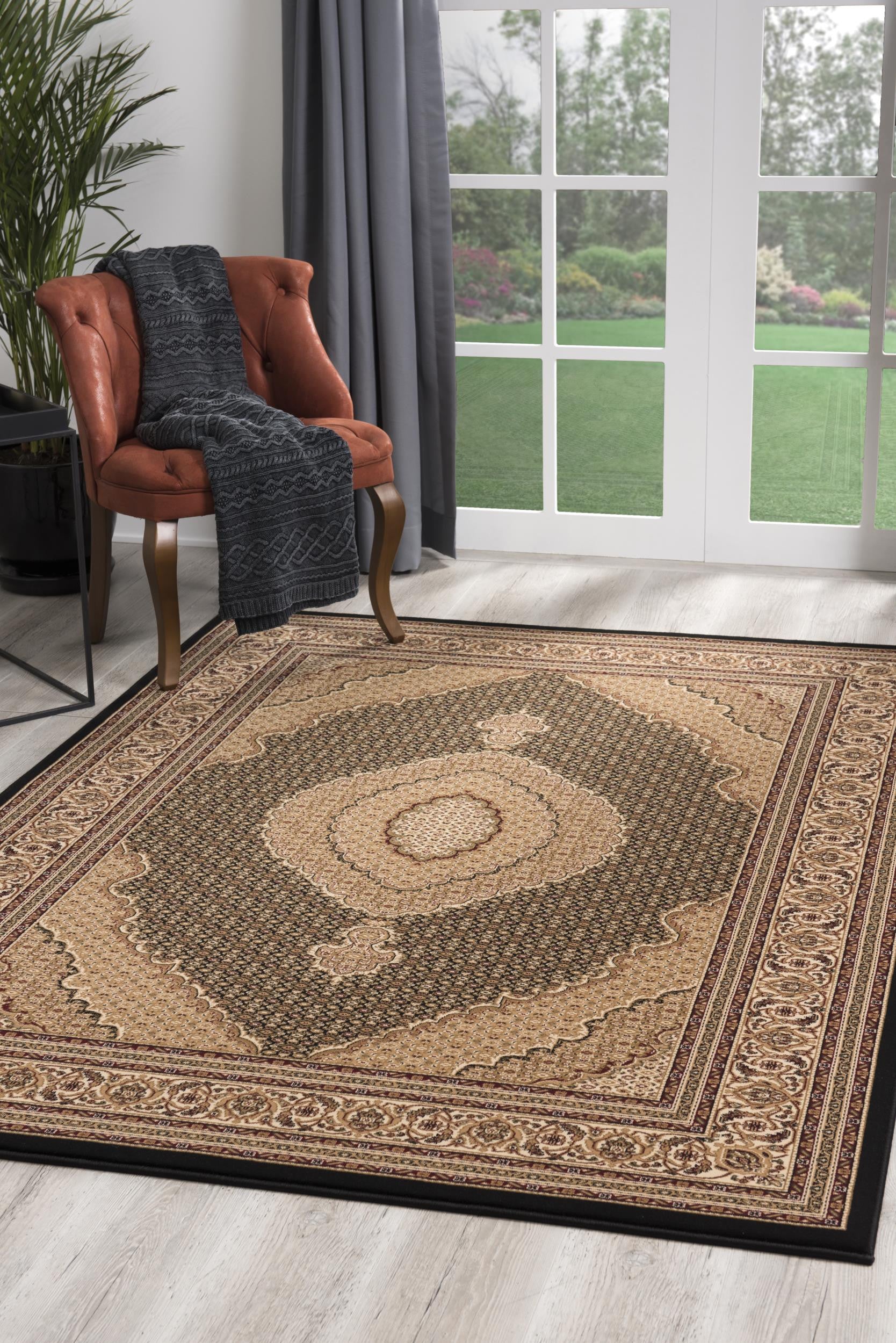 10' Beige And Black Medallion Runner Rug-Area Rugs-DECOROLALA