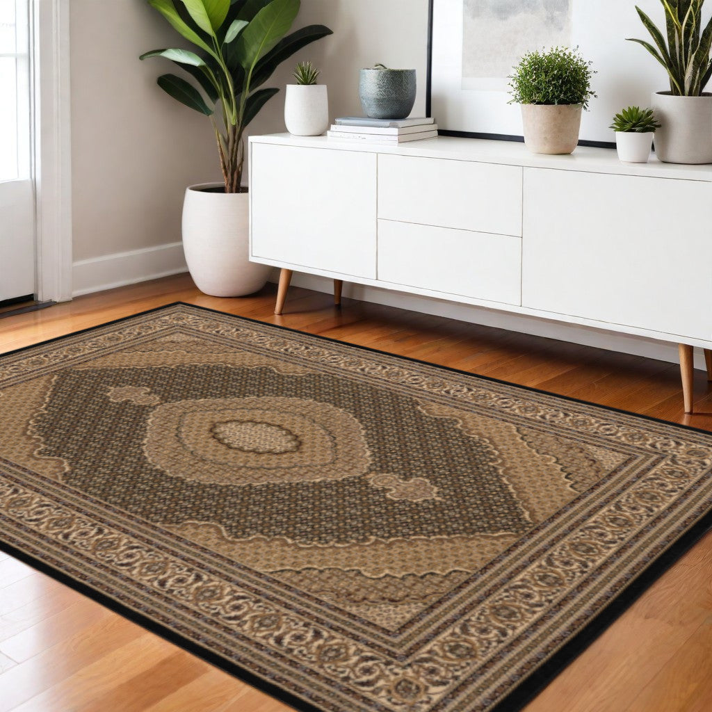 10' Beige And Black Medallion Runner Rug-Area Rugs-DECOROLALA