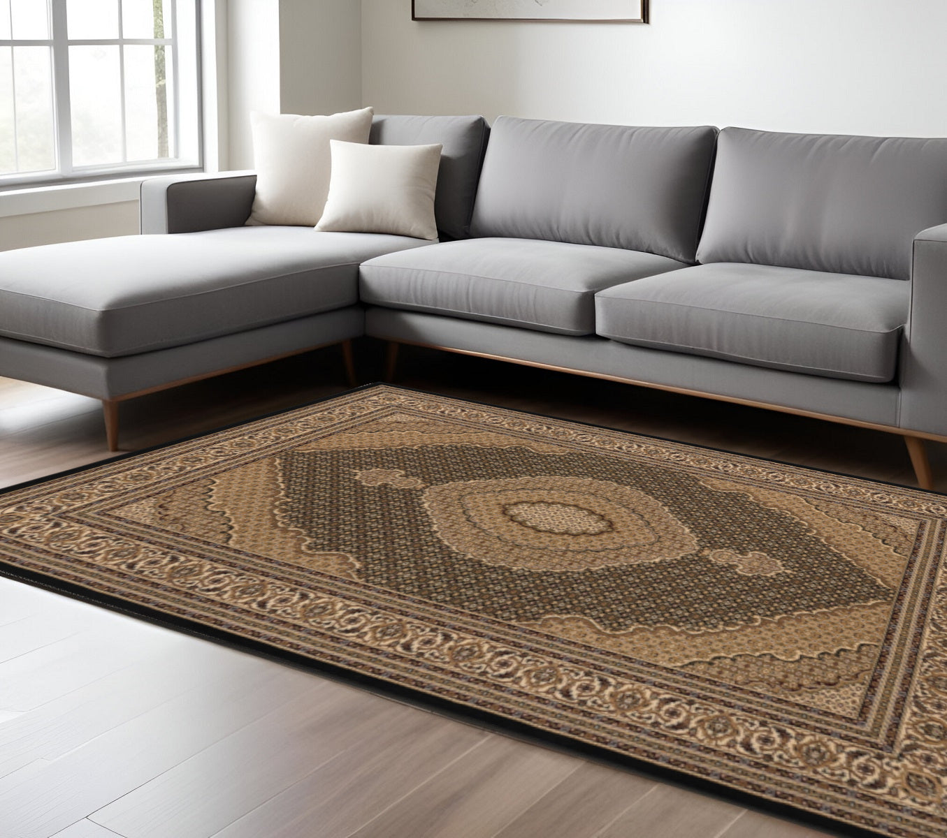 10' Beige And Black Medallion Runner Rug-Area Rugs-DECOROLALA