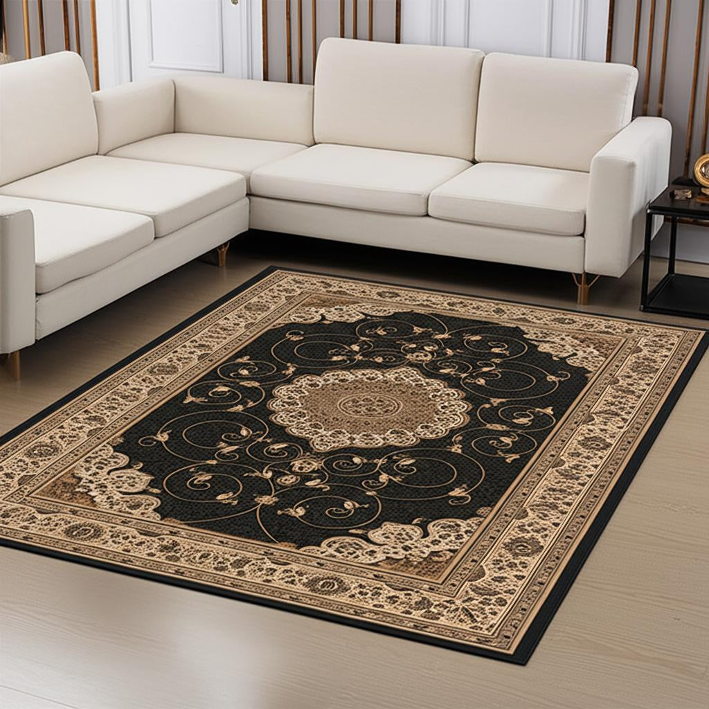 10' Beige And Black Medallion Runner Rug-Area Rugs-DECOROLALA