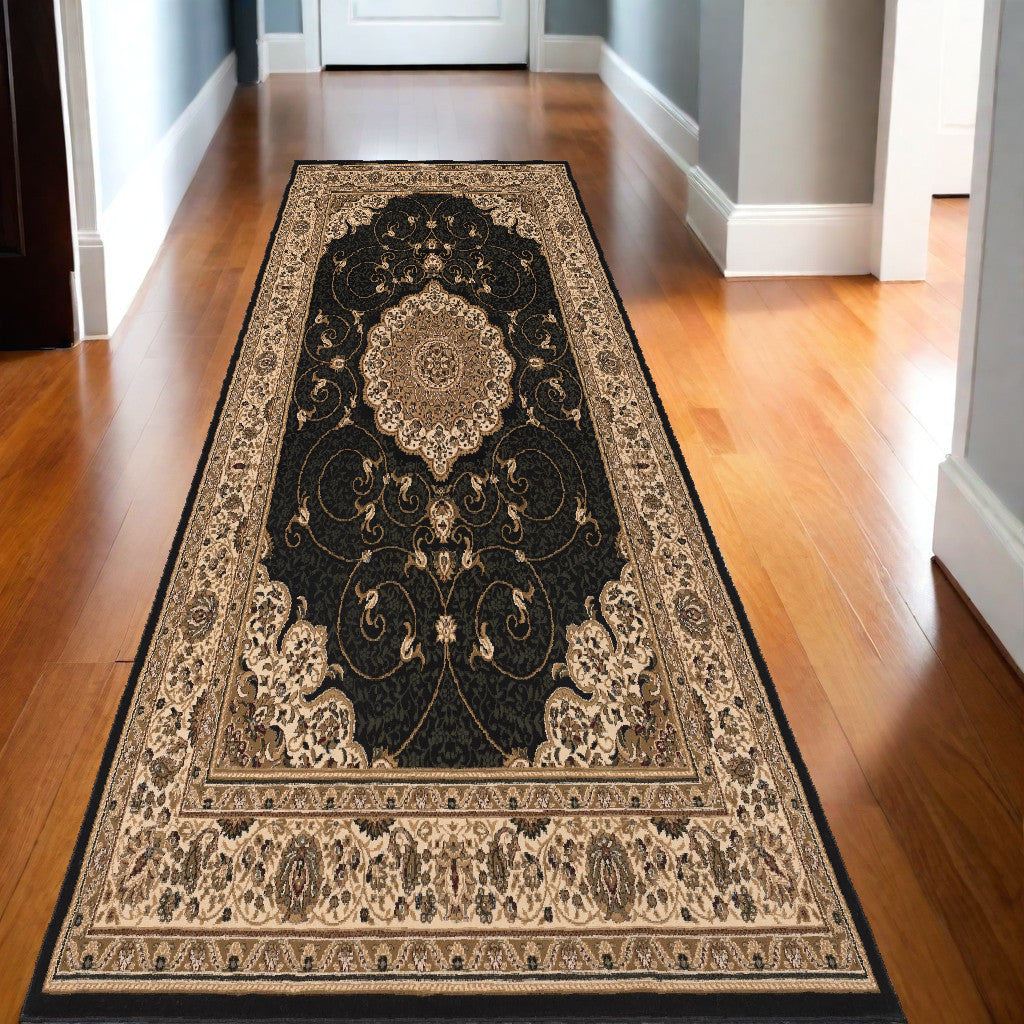 10' Beige And Black Medallion Runner Rug-Area Rugs-DECOROLALA