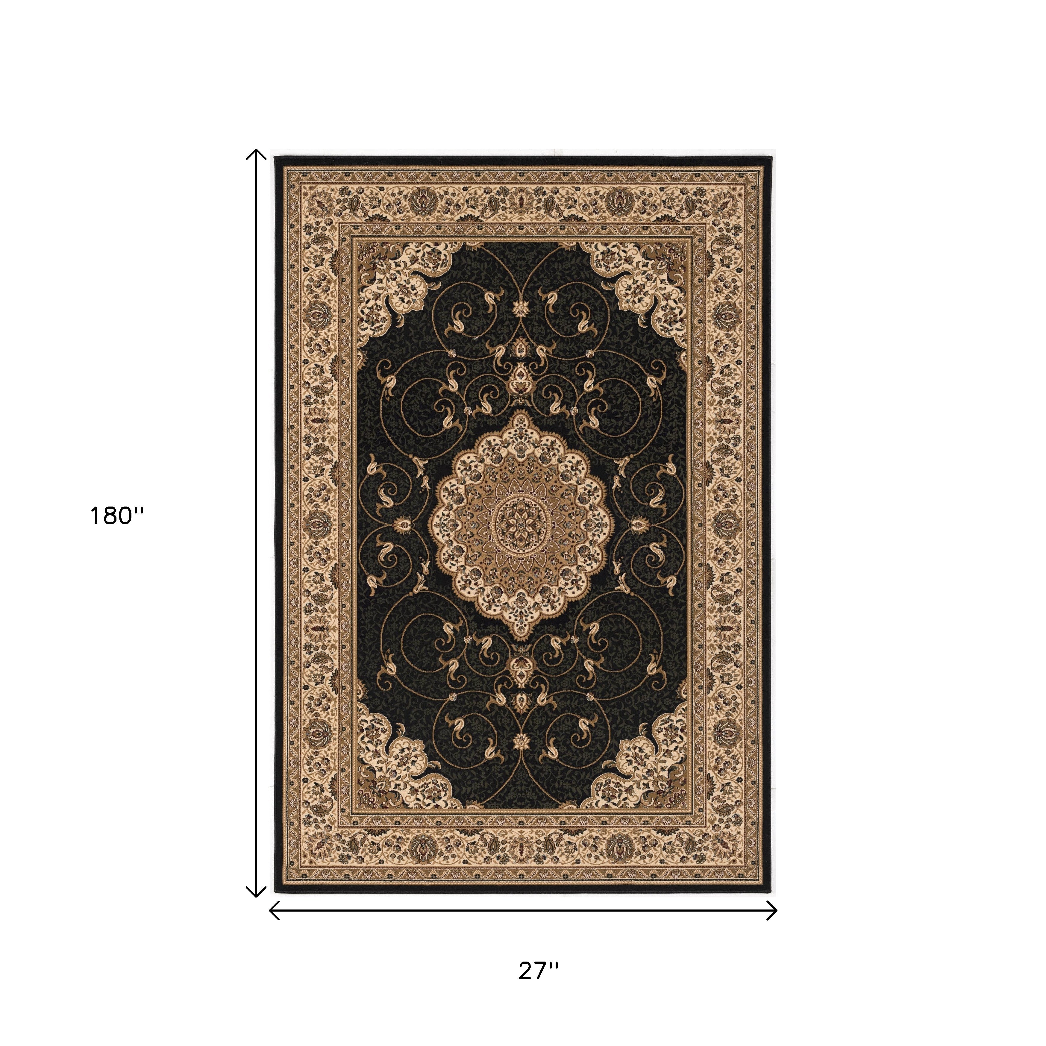 10' Beige And Black Medallion Runner Rug-Area Rugs-DECOROLALA