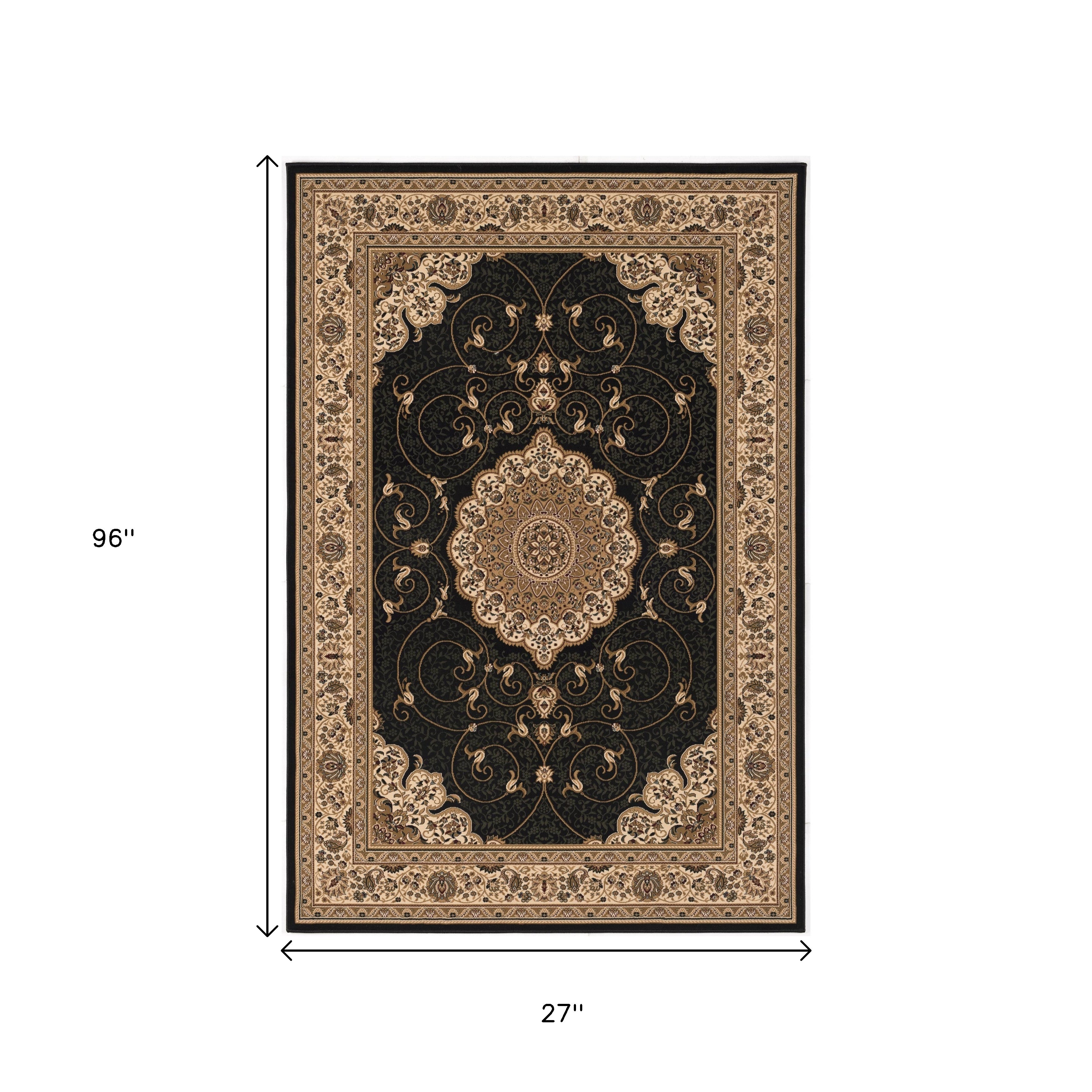 10' Beige And Black Medallion Runner Rug-Area Rugs-DECOROLALA