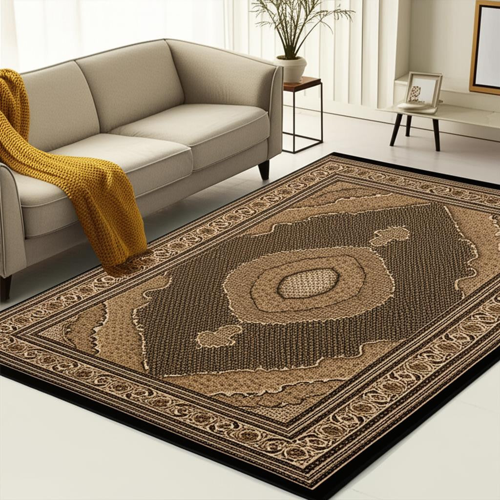 10' Beige And Black Medallion Runner Rug-Area Rugs-DECOROLALA