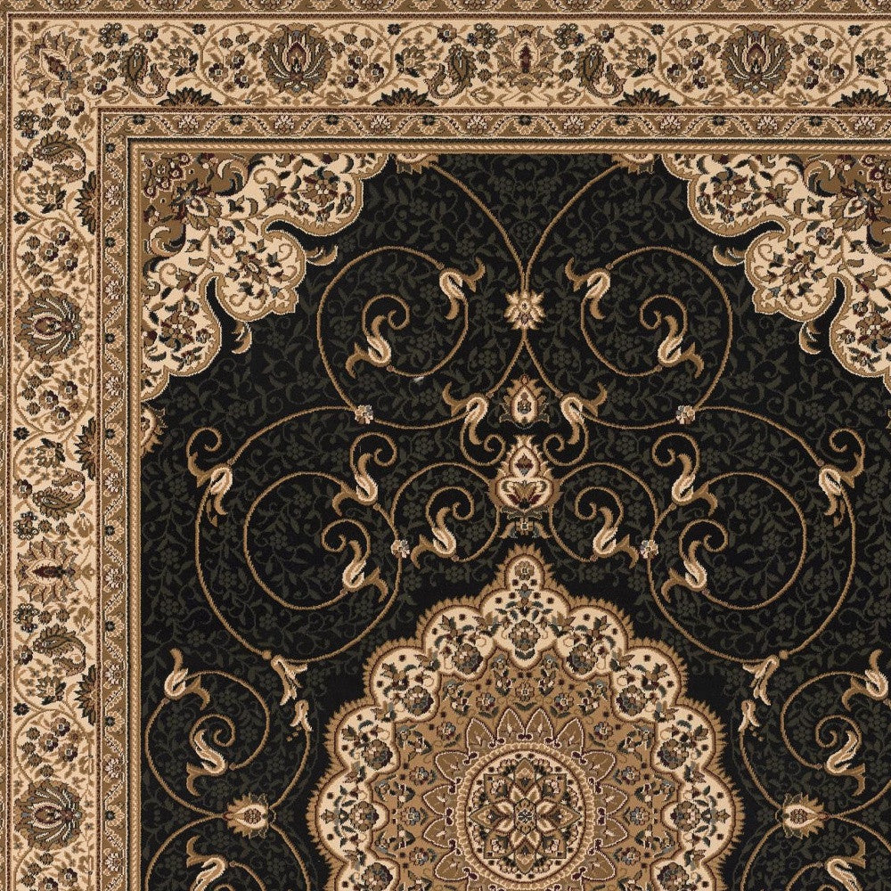 10' Beige And Black Medallion Runner Rug-Area Rugs-DECOROLALA
