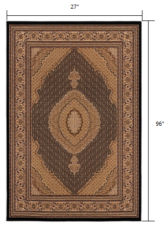 10' Beige And Black Medallion Runner Rug-Area Rugs-DECOROLALA
