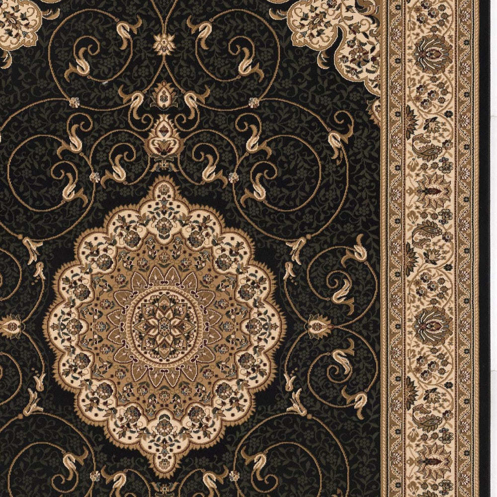 10' Beige And Black Medallion Runner Rug-Area Rugs-DECOROLALA