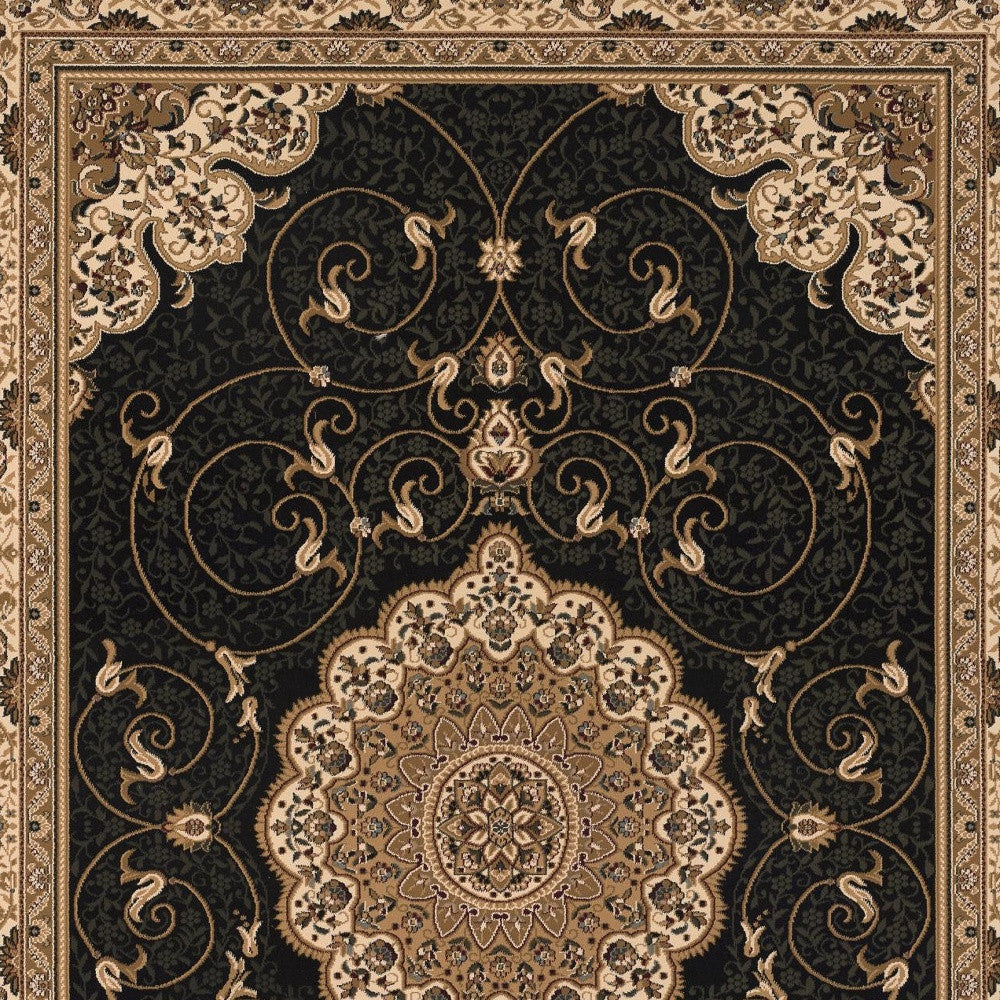 10' Beige And Black Medallion Runner Rug-Area Rugs-DECOROLALA
