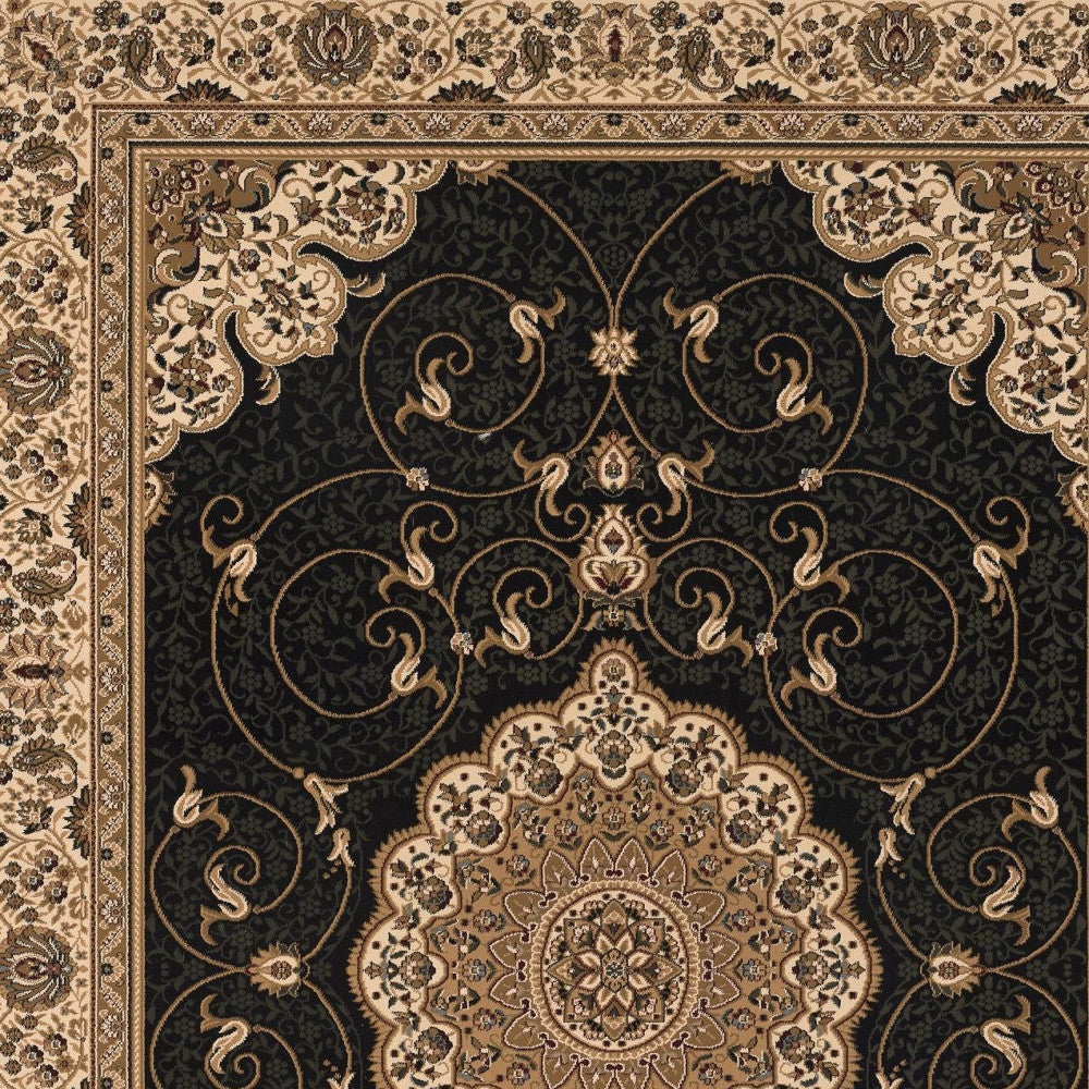 10' Beige And Black Medallion Runner Rug-Area Rugs-DECOROLALA