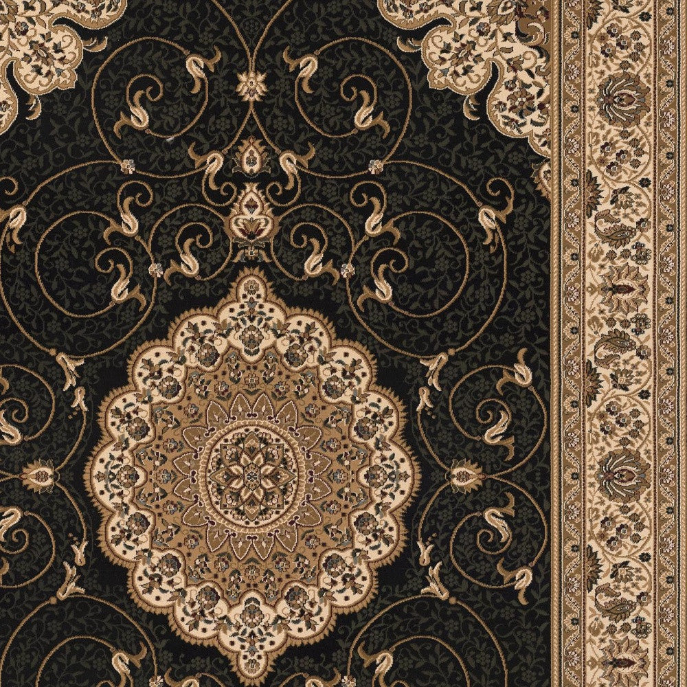 10' Beige And Black Medallion Runner Rug-Area Rugs-DECOROLALA