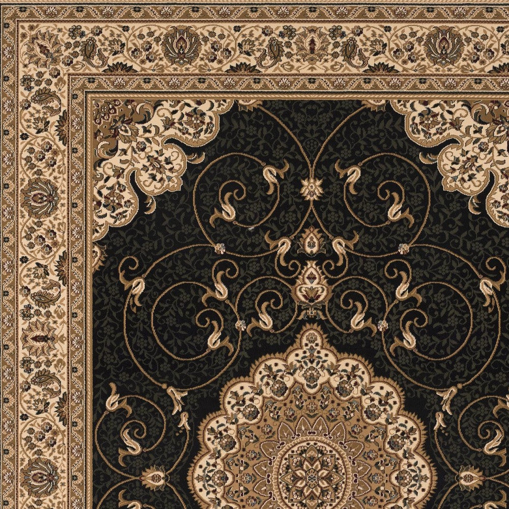 10' Beige And Black Medallion Runner Rug-Area Rugs-DECOROLALA