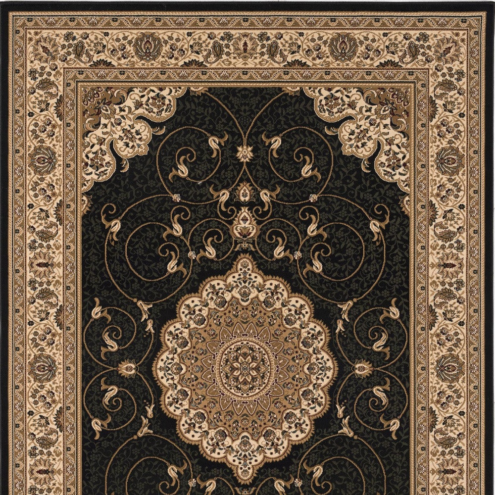 10' Beige And Black Medallion Runner Rug-Area Rugs-DECOROLALA