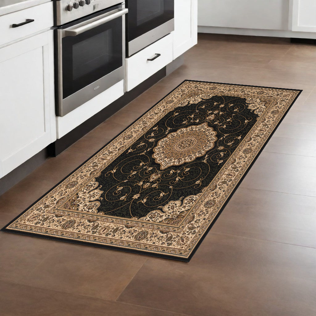 10' Beige And Black Medallion Runner Rug-Area Rugs-DECOROLALA