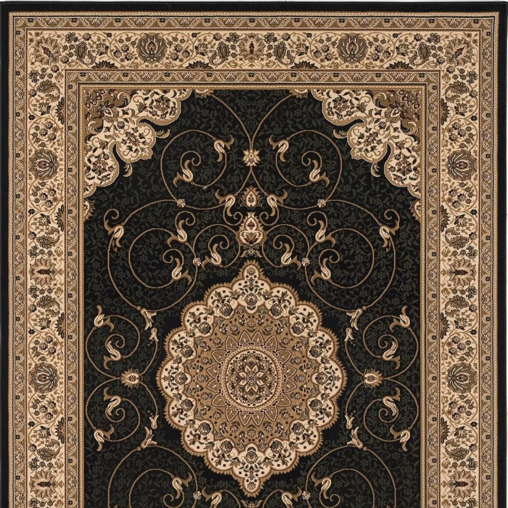 10' Beige And Black Medallion Runner Rug-Area Rugs-DECOROLALA