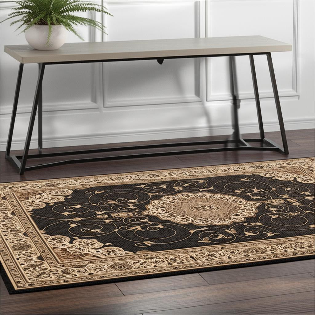 10' Beige And Black Medallion Runner Rug-Area Rugs-DECOROLALA
