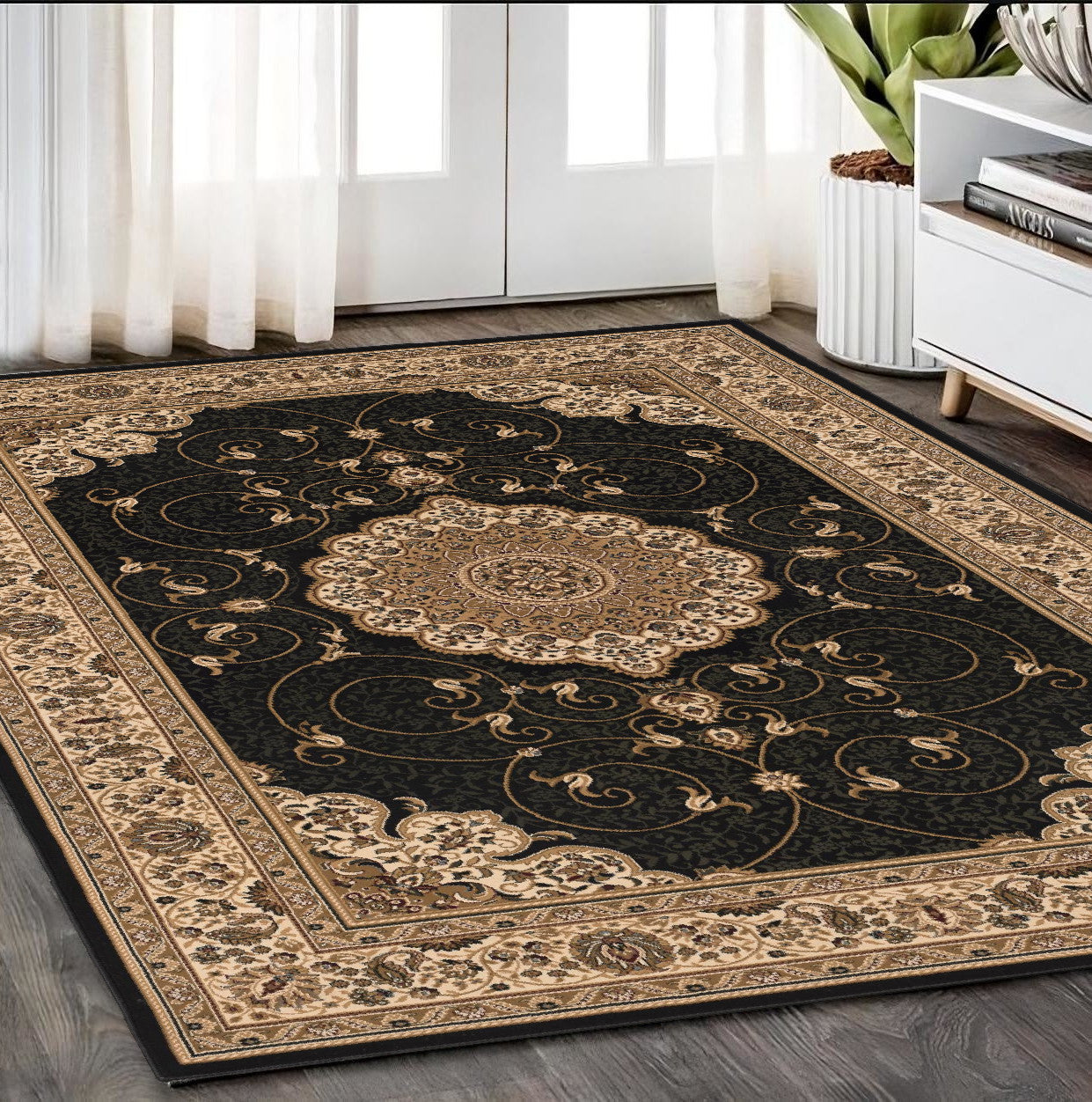 10' Beige And Black Medallion Runner Rug-Area Rugs-DECOROLALA