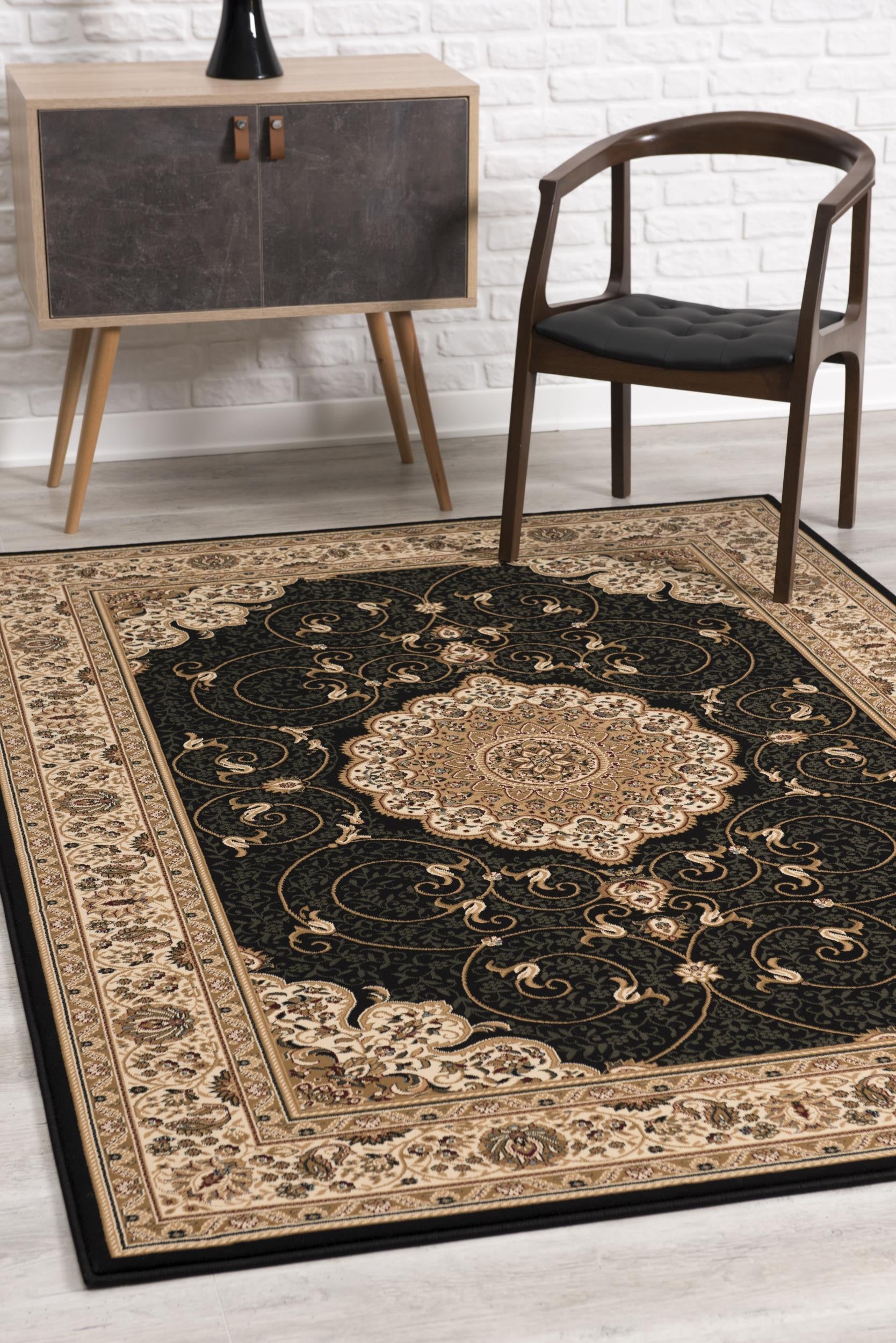 10' Beige And Black Medallion Runner Rug-Area Rugs-DECOROLALA