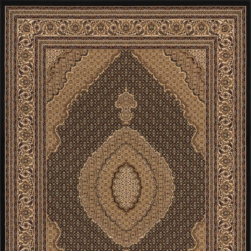 10' Beige And Black Medallion Runner Rug-Area Rugs-DECOROLALA