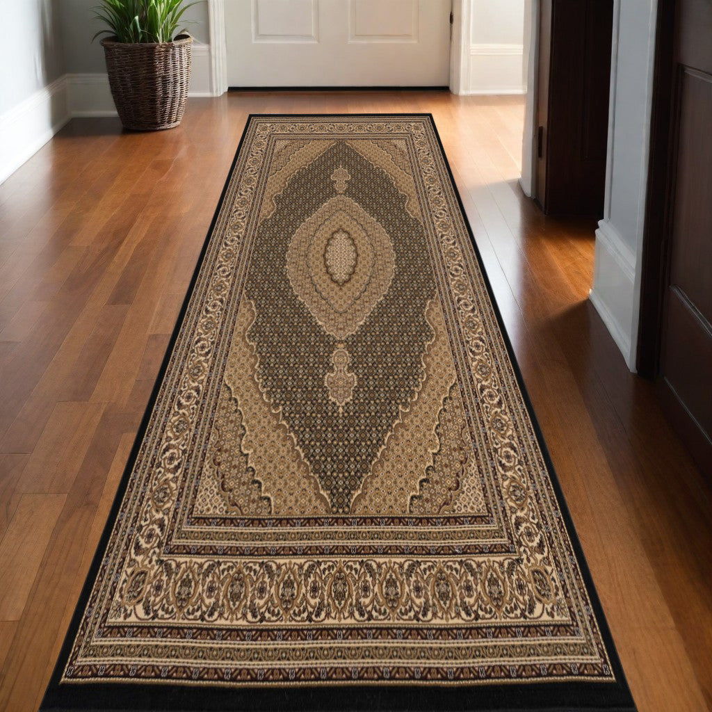 10' Beige And Black Medallion Runner Rug-Area Rugs-DECOROLALA