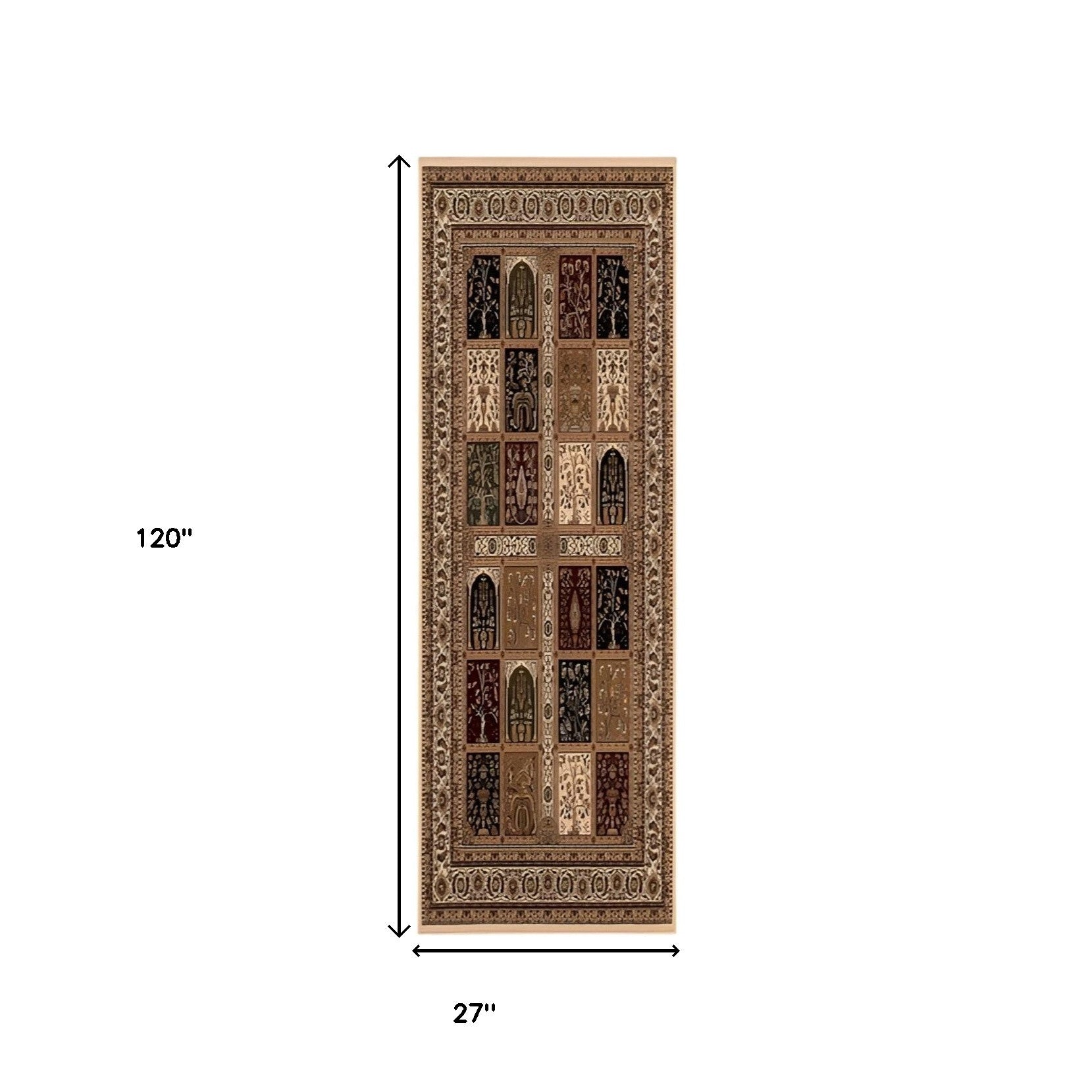 10' Beige And Black Oriental Runner Rug-Area Rugs-DECOROLALA