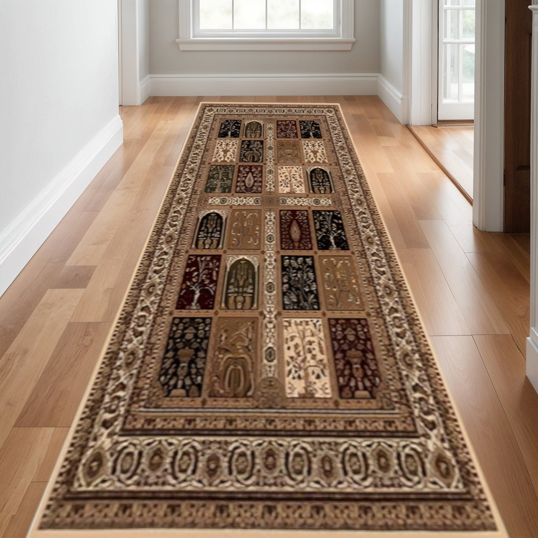 10' Beige And Black Oriental Runner Rug-Area Rugs-DECOROLALA
