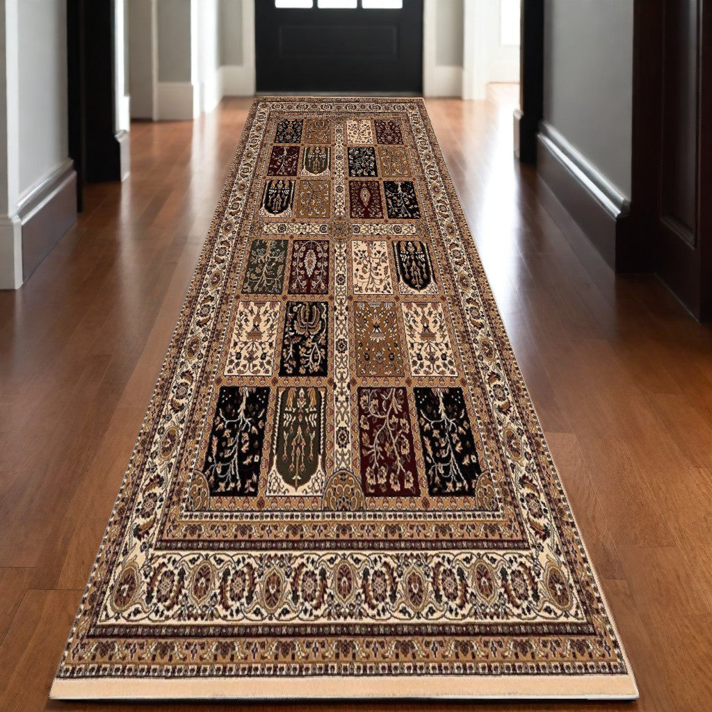 10' Beige And Black Oriental Runner Rug-Area Rugs-DECOROLALA
