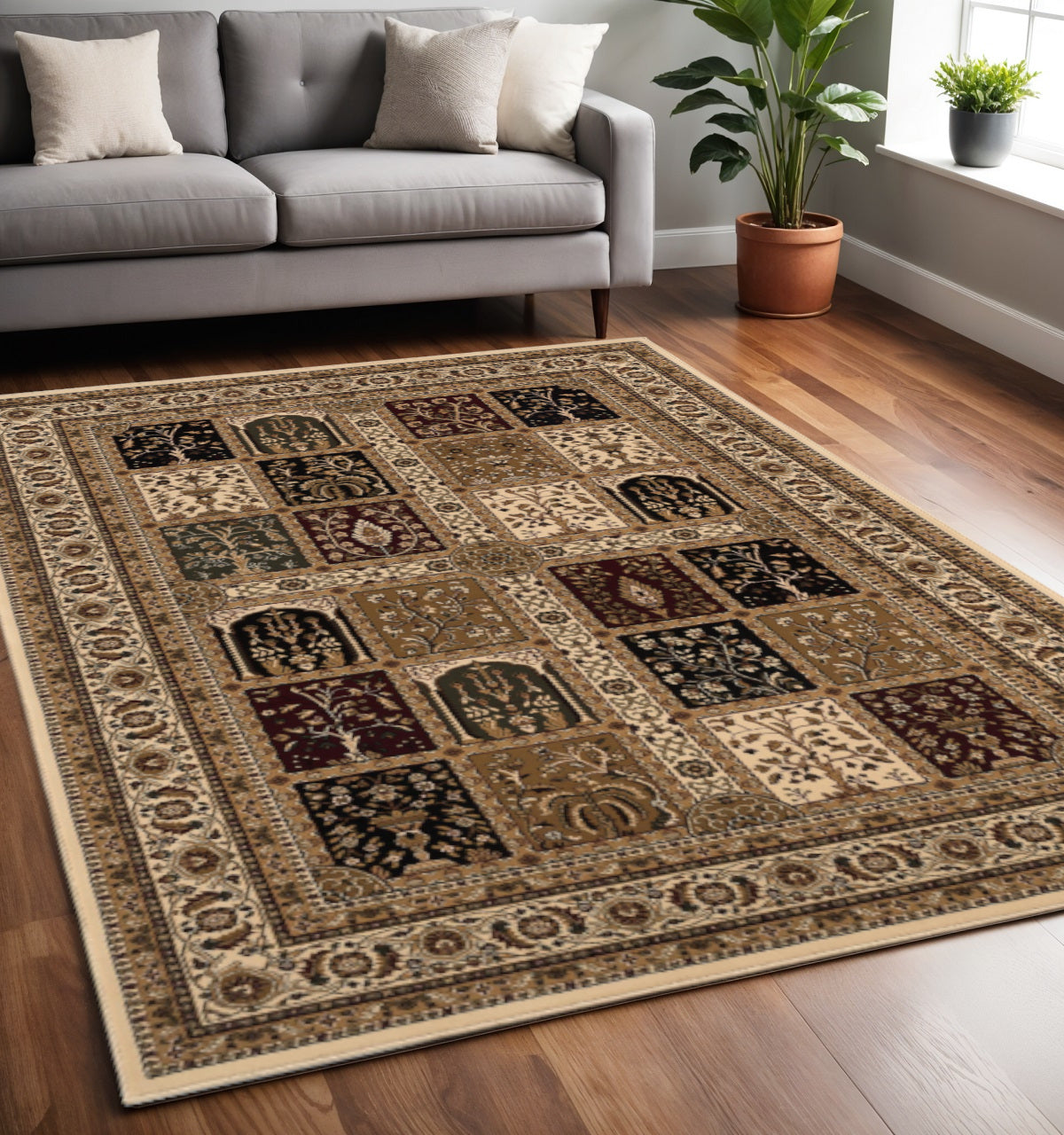 10' Beige And Black Oriental Runner Rug-Area Rugs-DECOROLALA