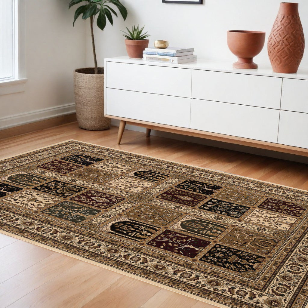 10' Beige And Black Oriental Runner Rug-Area Rugs-DECOROLALA