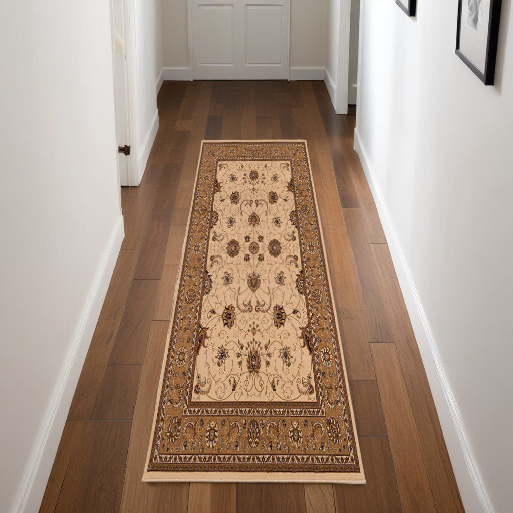 10' Beige And Ivory Oriental Runner Rug-Area Rugs-DECOROLALA